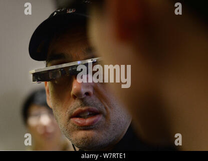 Canadian inventor Steve Mann, known as 'The Father of Wearable Computing', shows the wearable smart glass he invented before the 2017 Silicon Valley I Stock Photo