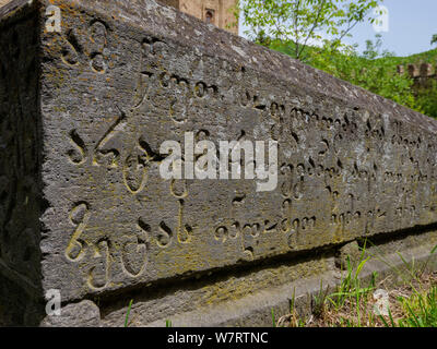 gravestone with Georgian writing, convent Ninotsminda, Kakheti, Georgia, Europe Stock Photo