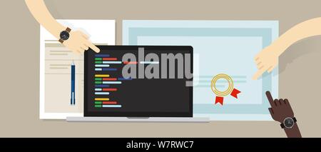 programming skill certificate certification with laptop and coding app script software programs. education skill Stock Vector