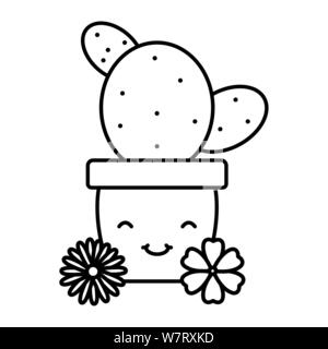 cactu and flowers in ceramic pot kawaii vector illustration design Stock Vector