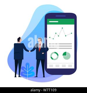 Business man hand shake with big smart phone shows analytics chart data pie financial information on screen. Stock Vector