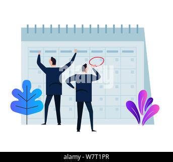Company business team working together planning and scheduling their operations agenda on a big spring desk calendar. Drawing circle mark with pencil Stock Vector