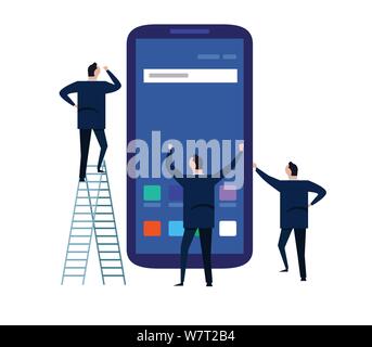 Business people using mobile phone or smartphone standing around a large phone screen. building mobile apps team work together. Stock Vector