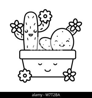 cactu and flowers in ceramic pot kawaii vector illustration design Stock Vector