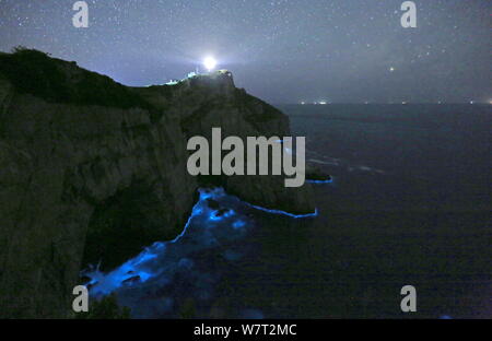 An algal bloom of Noctiluca scintillans, commonly known as the 'sea sparkle', illuminates sea water at Yushan Islands in Xiangshan county, Ningbo city Stock Photo