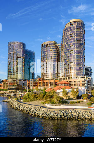 Elizabeth Quay cityscape with new apartments and hotel overlooking the Swan River, Perth, Western Australia Stock Photo