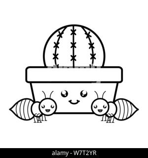 cactu in ceramic pot and ants kawaii style vector illustration design Stock Vector