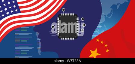 Artificial intelligence AI neuralink chip digital neural engine. China and USA relations concept. Flags on technology Stock Vector