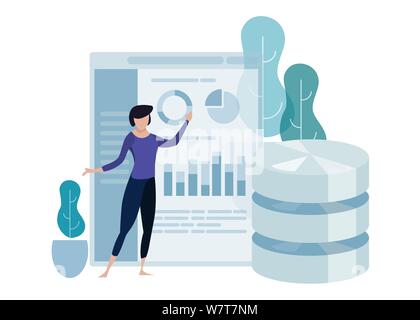 Data science concept of big database technology. Environment friendly green leaf. Woman explain presenting chart analytics. Stock Vector