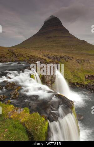 Waterfalls in front of Mount Kirkufjell, Grandarfjordur, Iceland, June 2012. Stock Photo