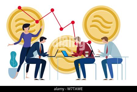 Libra Facebook cryptocurrency and bitcoin cryptocurrency, Libra coins concept. teamwork investment chart down. Stock Vector