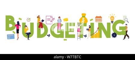 Budgeting word concepts of budget funding and financing. Financial planning. Isolated lettering typography idea with icons. Stock Vector