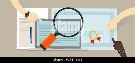 certified internal auditor financial certification and information technology company hand working on data with magnifier Stock Vector