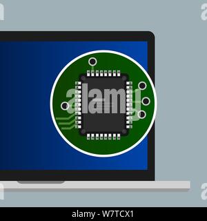 Chip processor CPU on laptop computer flat illustration concept. Electronic board component hardware vector. Stock Vector