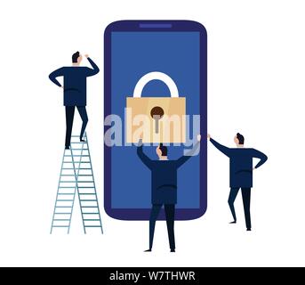 Mobile device security. cyber security concept. protecting personal information and data with smartphone. illustration of big screen phone with Stock Vector