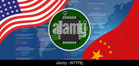 Artificial intelligence AI neuralink chip digital neural engine. China and USA relations concept. Flags on technology Stock Vector