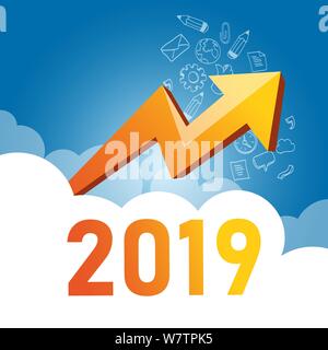 Business graph with arrow up and 2019 symbol, Success concept and growth idea illustration Stock Vector