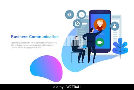 Video chat concept. Man communicates using video chat on smart phone. Online web chat. flat design. Video conference, meeting. Stock Vector