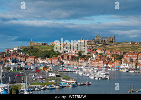 View of Whitby harbour showing the Church of St. Mary and Whitby Abbey, Yorkshire, England, UK, September 2013. Stock Photo