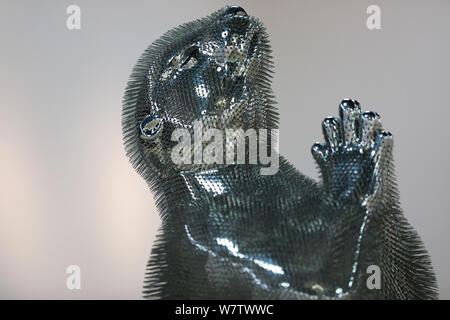 The otter sculpture made by Professor Xie Yong of Shenyang University out of 300,000 sewing needles is on display at his studio in Shenyang city, nort Stock Photo