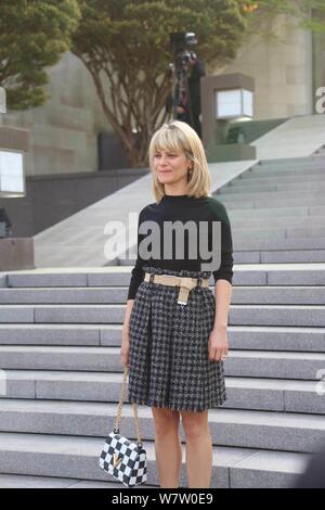 French actress Marina Fois poses as she arrives at Louis Vuitton Cruise 2018 Collection Show in Tokyo, Japan, 14 May 2017. Stock Photo