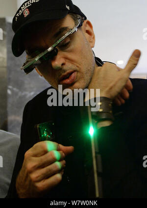 Canadian inventor Steve Mann, known as 'The Father of Wearable Computing', shows the wearable smart watch he invented before the 2017 Silicon Valley I Stock Photo