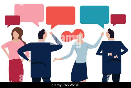 Vector flat illustration, a group of people communicates through the Internet social networks, the concept of communication, discussing business, news Stock Vector
