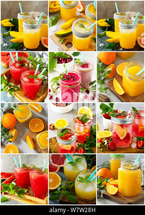 Background collage drinks. An assortment of juice drinks and smoothies on a stone table. Stock Photo