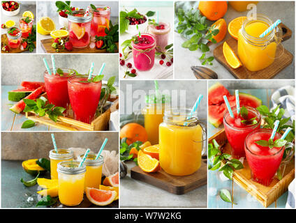 Background collage drinks. An assortment of juice drinks and smoothies on a stone table. Stock Photo