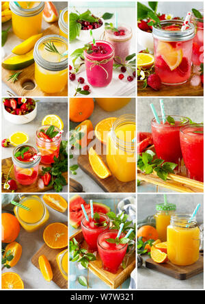 Background collage drinks. An assortment of juice drinks and smoothies on a stone table. Stock Photo