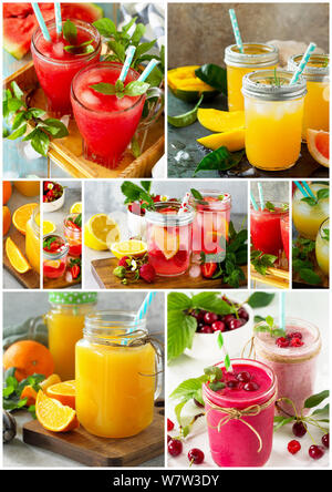 Background collage drinks. An assortment of juice drinks and smoothies on a stone table. Stock Photo