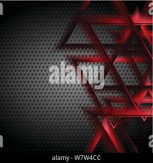 Red glowing triangles on dark perforated background. Vector design Stock Vector