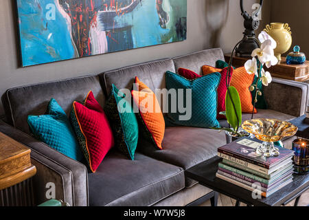 Colourful velvet shop cushions