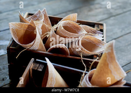 Bags or parcels handmade from crafting with lace.Gift wrapping Stock Photo