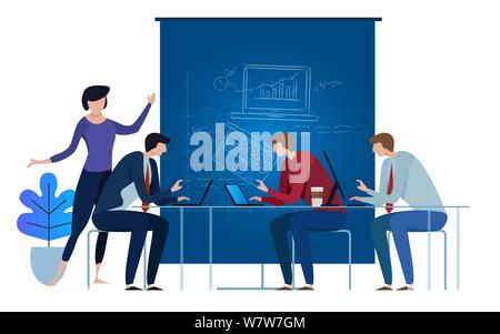 Blue-print team working as team on laptop. concept illustration collaboration together on top of the table vector Stock Vector