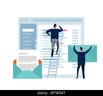 Business man standing looks at large screen. Data analysis, checking email.Digital technologies, computer device. small people in ladder. flat design Stock Vector