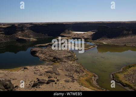 Dry Falls, at five times the width of Niagara, Dry Falls is thought to be the greatest known waterfall that ever existed, left behind by the great ice age floods. Grant County, Washington, North America, USA, September 2012. Stock Photo