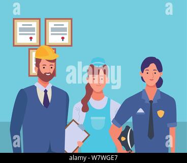 Professionals workers characters smiling cartoons Stock Vector