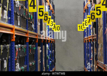 Crates of seeds stored at -18 C in the main Svalbard Global Seed Vault, Svalbard, Norway, July 2012. Stock Photo