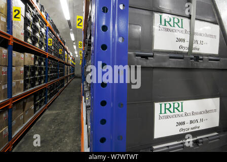 Crates of seeds stored at -18 C in the main Svalbard Global Seed Vault, Svalbard, Norway, July 2012. Stock Photo