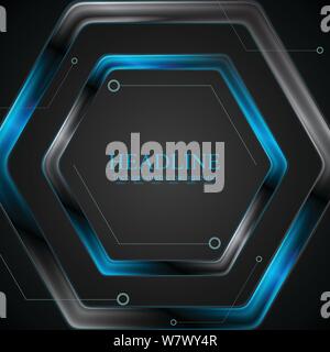 Black and blue metal hexagon tech drawing design. Vector illustration abstract background Stock Vector