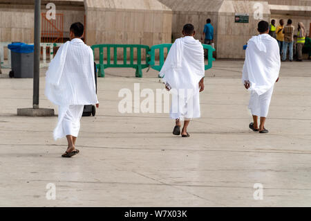 MECCA, SAUDI ARABIA - JUNE 30: Muslim wearing ihram clothes and ready for Hajj on June 30, 2019 in Mecca, Saudi Arabia. Muslims all around the world f Stock Photo