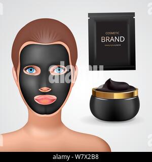 Beauty fashion girl apply facial charcoal black mask. Facial Mask Cosmetics Packaging. Package design for face mask. Ralistic Cosmetics jar and sachet Stock Vector