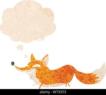 cartoon sly fox with thought bubble in grunge distressed retro textured style Stock Vector