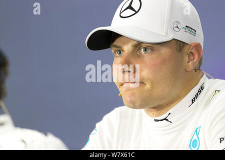 Finnish F1 driver Valtteri Bottas of Mercedes attends the press conference after the qualifying session during the 2017 Formula One Chinese Grand Prix Stock Photo