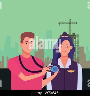 Professionals workers couple smiling cartoons Stock Vector