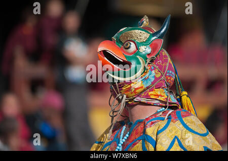 Jacham (bird dance / monastic dance). The message of this dance is that all animals (domesticated and wild) have the right to live freely on earth without violence, cruelty or suffering. It conveys that all life is interdependent, any harm done to animals will in turn cause suffering to us, human beings, and we should embrace non-violence and harmony. Torgya festival. Galdan Namge Lhatse Monastery, Tawang, Arunachal Pradesh, India. January 2014. Stock Photo