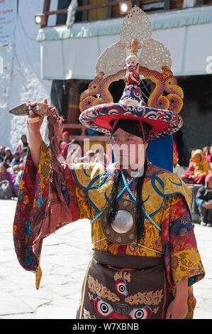 Janakcham (monastic dance). This dance has been performed from the beginning of Buddhist era in order to serve mankind and to restore peace in the animal kingdom. The dancers are wearing Tantric costumes according to Tantrayana Buddhism. Torgya festival. Galdan Namge Lhatse Monastery, Tawang, Arunachal Pradesh, India. January 2014. Stock Photo