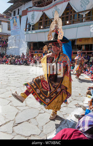 Janakcham (monastic dance). This dance has been performed from the beginning of Buddhist era in order to serve mankind and to restore peace in the animal kingdom. The dancers are wearing Tantric costumes according to Tantrayana Buddhism. Torgya festival. Galdan Namge Lhatse Monastery, Tawang, Arunachal Pradesh, India. January 2014. Stock Photo