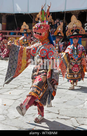 Janakcham (monastic dance). This dance has been performed from the beginning of Buddhist era in order to serve mankind and to restore peace in the animal kingdom. The dancers are wearing Tantric costumes according to Tantrayana Buddhism. Torgya festival. Galdan Namge Lhatse Monastery, Tawang, Arunachal Pradesh, India. January 2014. Stock Photo